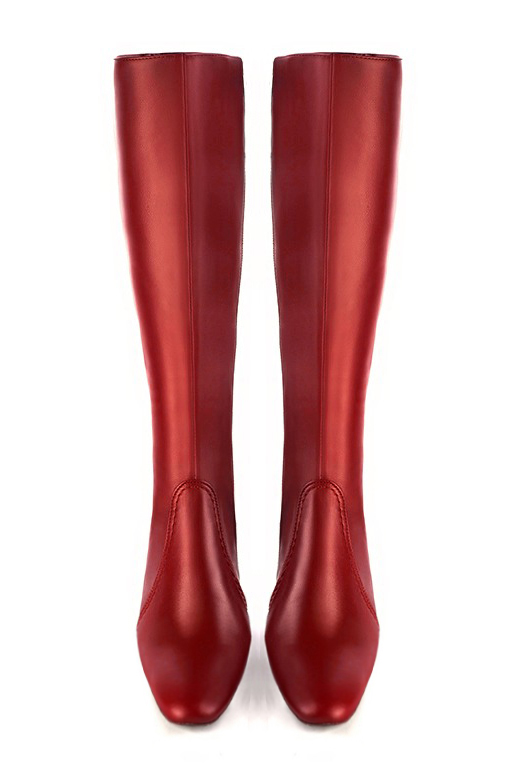 Cardinal red women's feminine knee-high boots. Round toe. Medium block heels. Made to measure. Top view - Florence KOOIJMAN